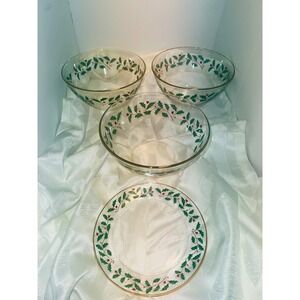 Lenox Set ARC France Christmas Holly Berry Glass Serving Bowl 22KT Gold Trim 9"